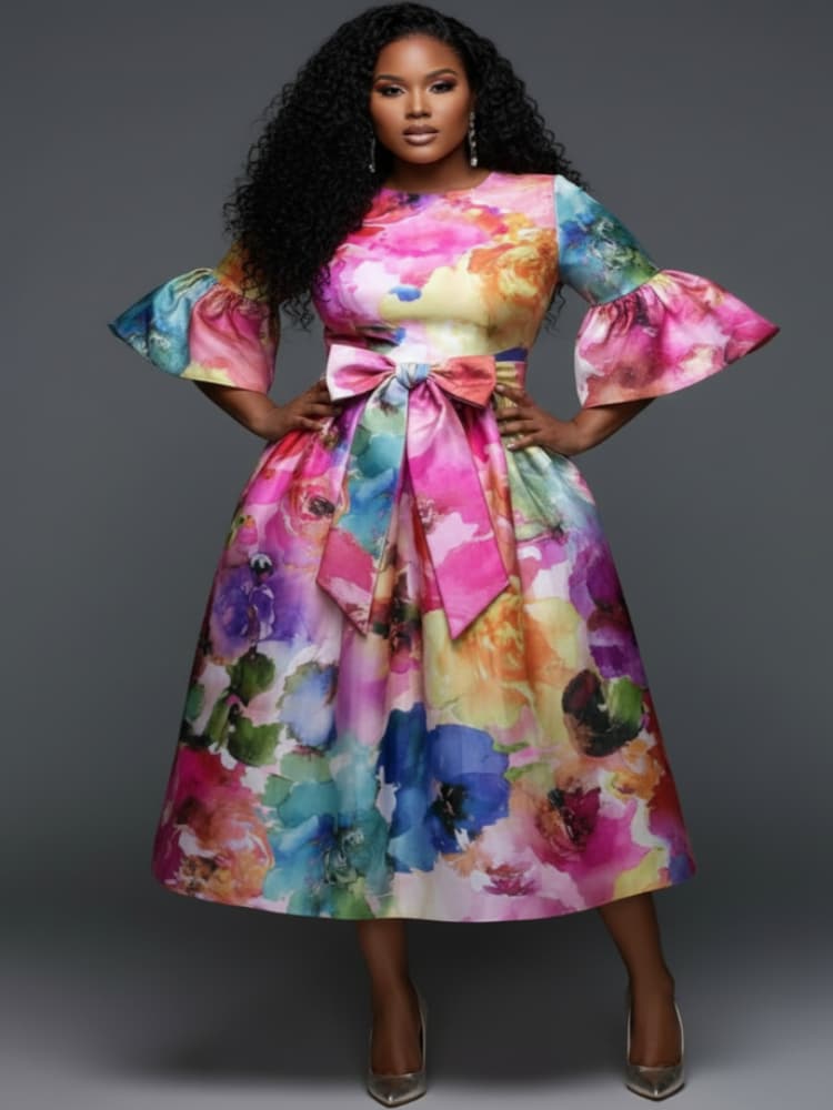 Plus Size Round Neck Flare Sle - đánh giá và giá Midi Skirt Floral