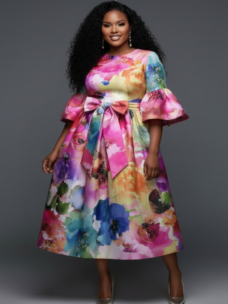 Plus Size Round Neck Flare Sle - đánh giá và giá Midi Skirt Floral