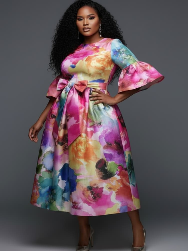 Plus Size Round Neck Flare Sle - đánh giá và giá Midi Skirt Floral
